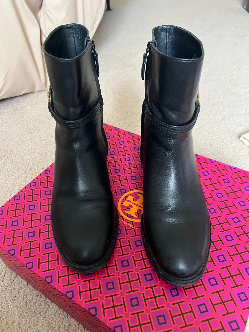 Tory Burch Black Leather Logo Medallion Ankle Boots